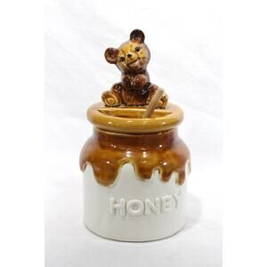 Vintage Honey Pot Teddy Bear with Wooden Dipper White and Brown 7" Japan
